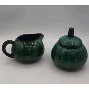 Vintage Blue Mountain Pottery Cream and Sugar Bowl Set Green Drip Glaze BMP